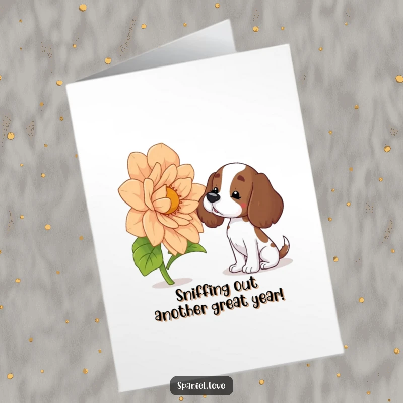 Funny free printable birthday card featuring a spaniel tilting its head curiously while sniffing a giant, blooming flower.