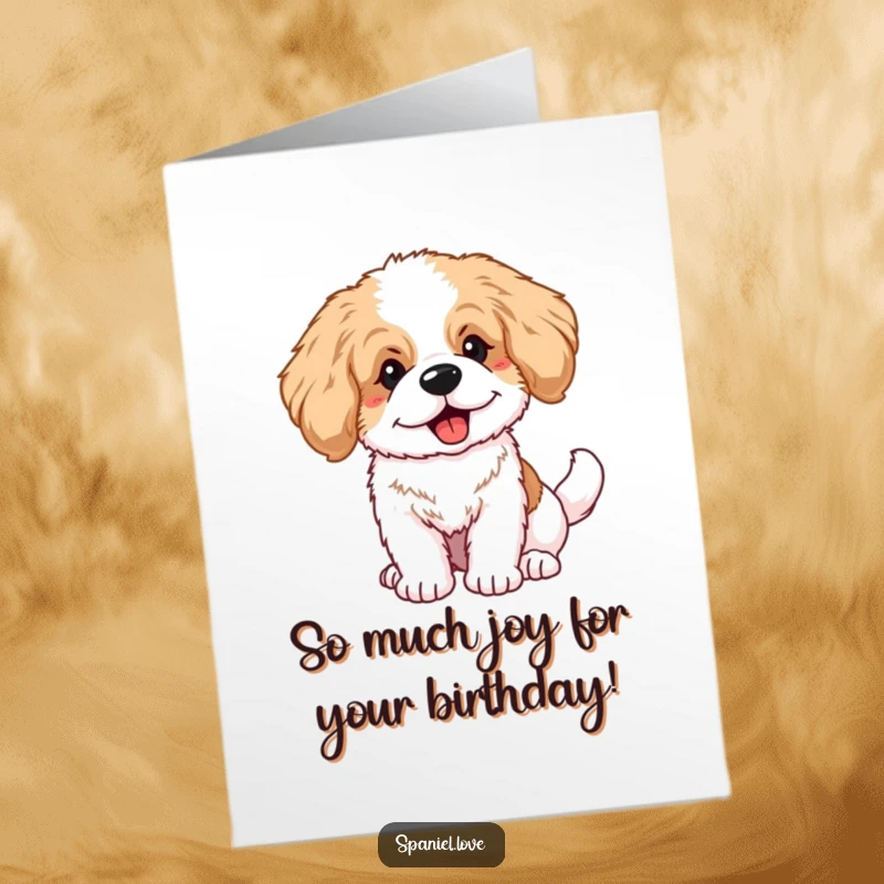 Funny Free Printable Birthday Card: Fluffy spaniel puppy with big ears wagging its tail furiously with joy.