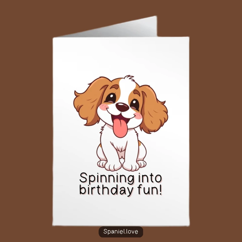 Free Printable Birthday Card: Gleeful Spaniel Spins with Joy, Funny Dog Downloadable Gift