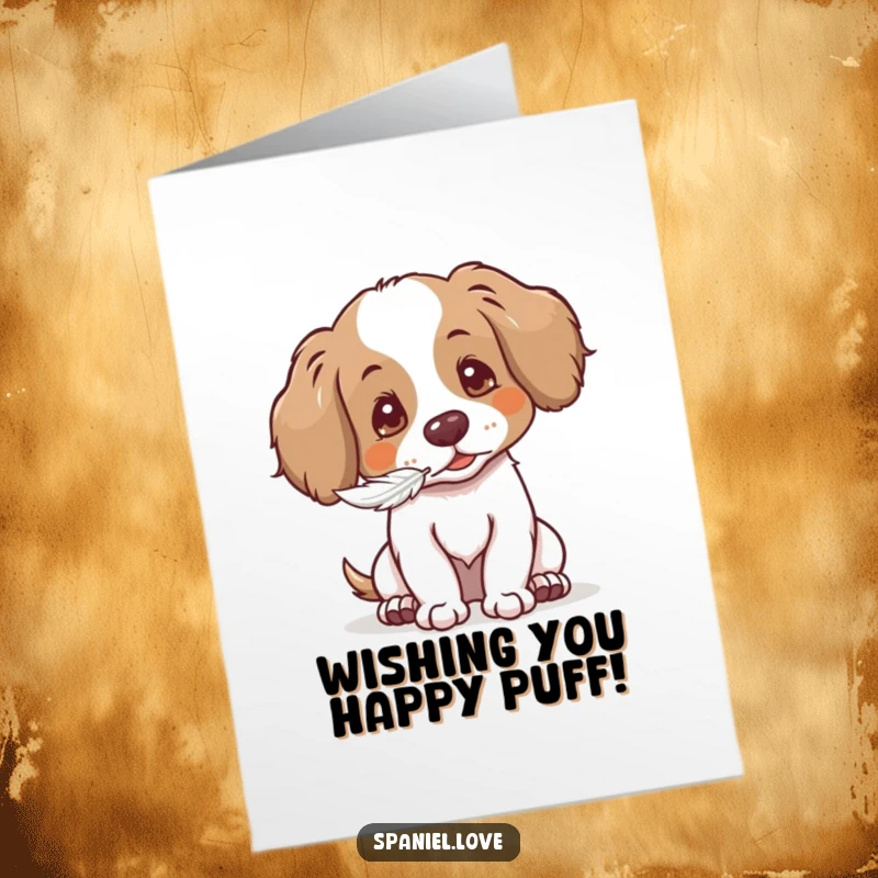 Funny Free Printable Birthday Card: Spaniel character gently blowing a feathery seed with a soft puff, a sweet downloadable.