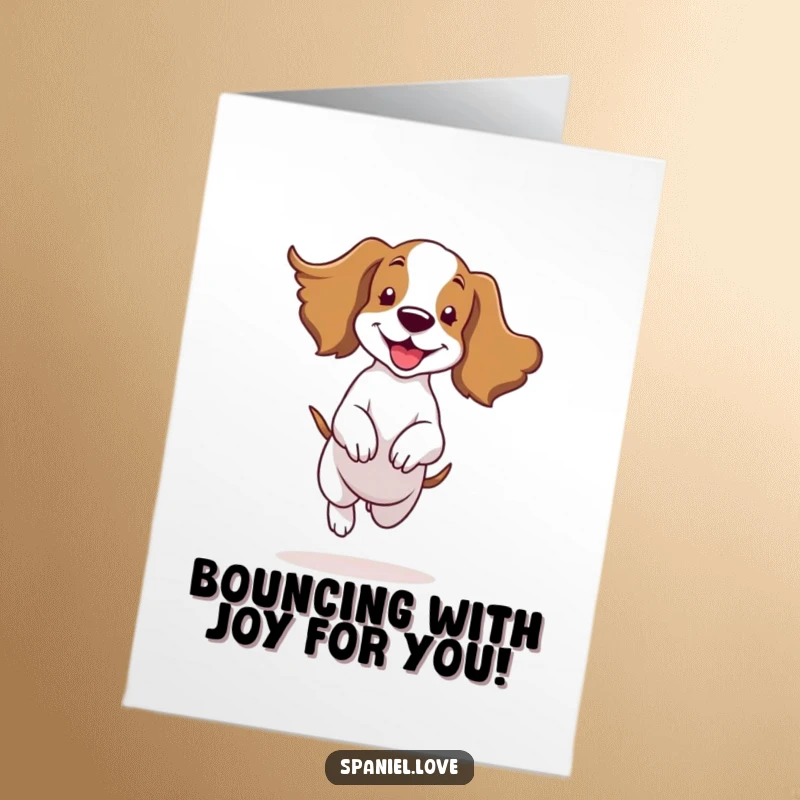 Funny Free Printable Congratulations Card: A spaniel character energetically bounces, ears flapping joyfully in the wind.
