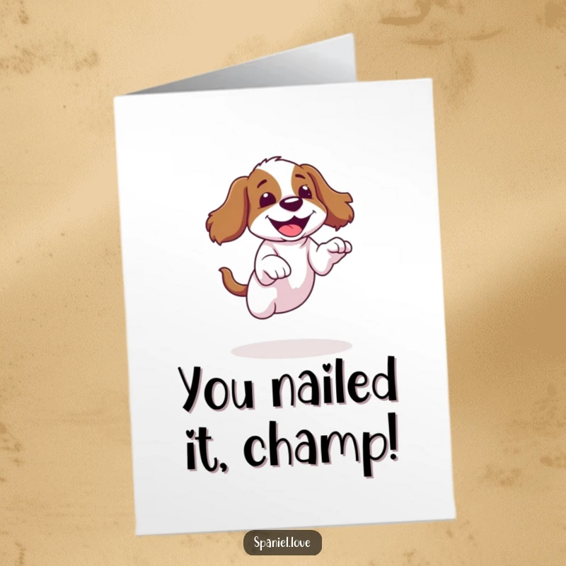 Funny Free Printable Congratulations Card: Spaniel takes a clumsy leap, landing with a silly giggle. Joyful dog.
