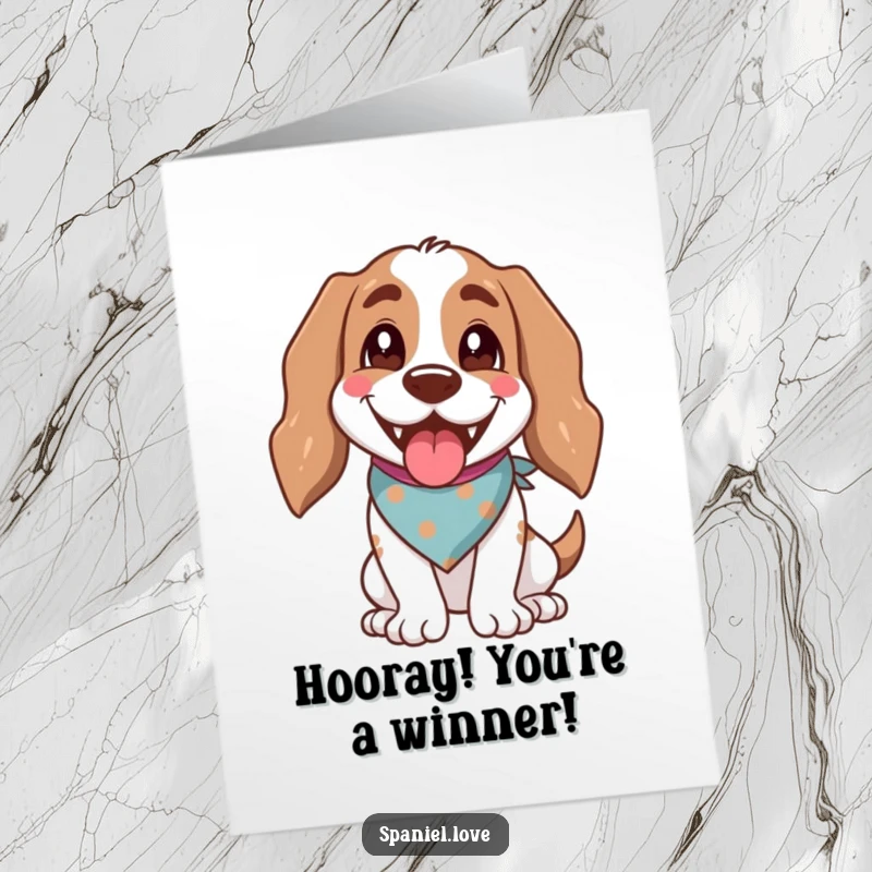 Funny free printable congratulations card of a spaniel in a bandana, panting happily with an open mouth.