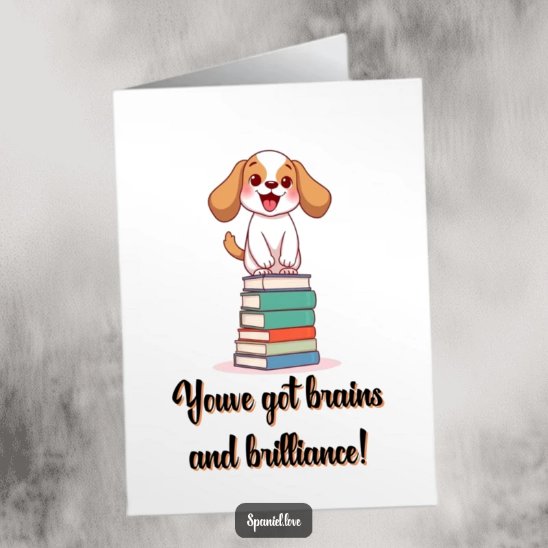 Funny Free Printable Congratulations Card: Spaniel excitedly wags its tail, expertly balancing on a stack of books.