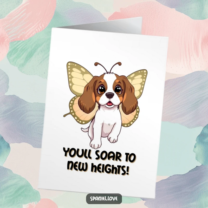 Funny Free Printable Congratulations Card: Surprised spaniel is gently carried aloft by a large, friendly butterfly.