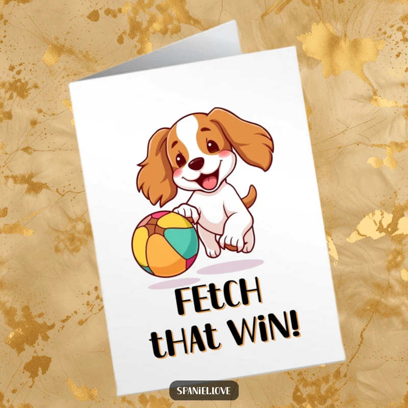 Funny Free Printable Congratulations Card: A spaniel enthusiastically pursues a colorful ball, ears flying.