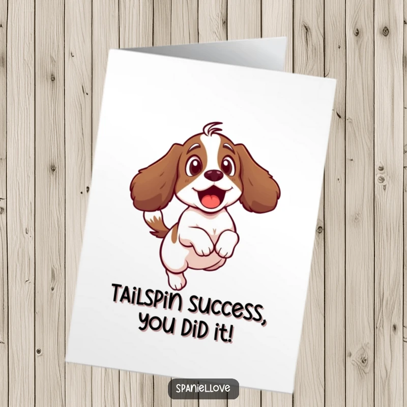Funny Free Printable Congratulations Card: A spaniel startled by its wagging tail, perfect for a humorous downloadable art gift.