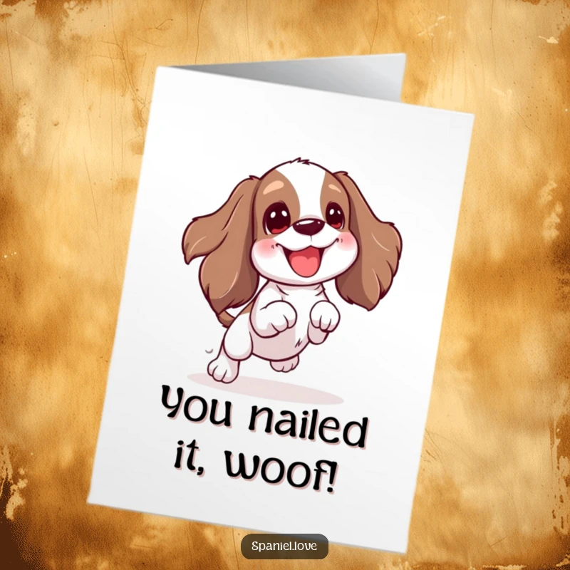 Free Printable Congratulations Card: Spaniel wiggling and jumping with sheer excitement for a toy.