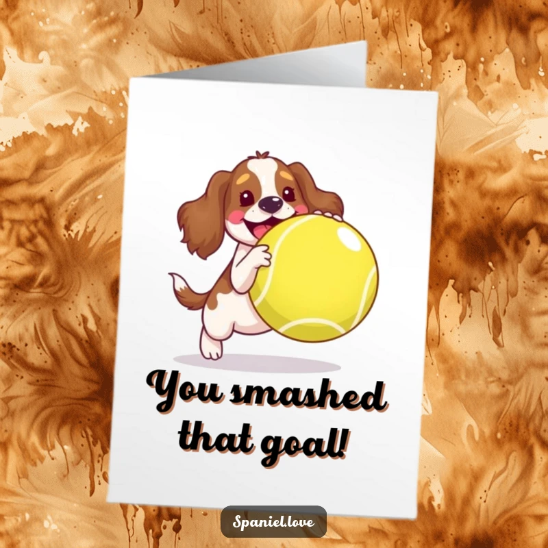 Funny Free Printable Congratulations Card: A happy spaniel joyfully bouncing a huge tennis ball, celebrating a fantastic achievement.