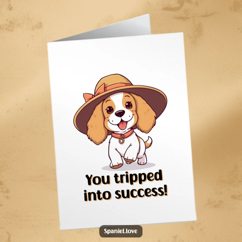 Funny Free Printable Congratulations Card: A playful spaniel character tripping adorably while wearing a comically large hat, cheering them on.
