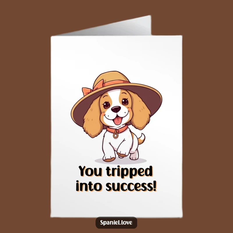 Free Printable Congratulations Card: Funny Spaniel Hat Trip, Downloadable Gift for Laughs