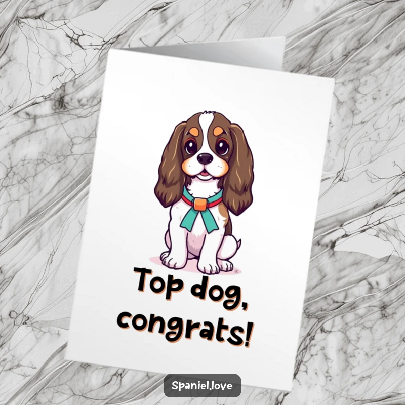 Funny Free Printable Congratulations Card: Spaniel standing proudly with a colorful ribbon, a stylish winner.