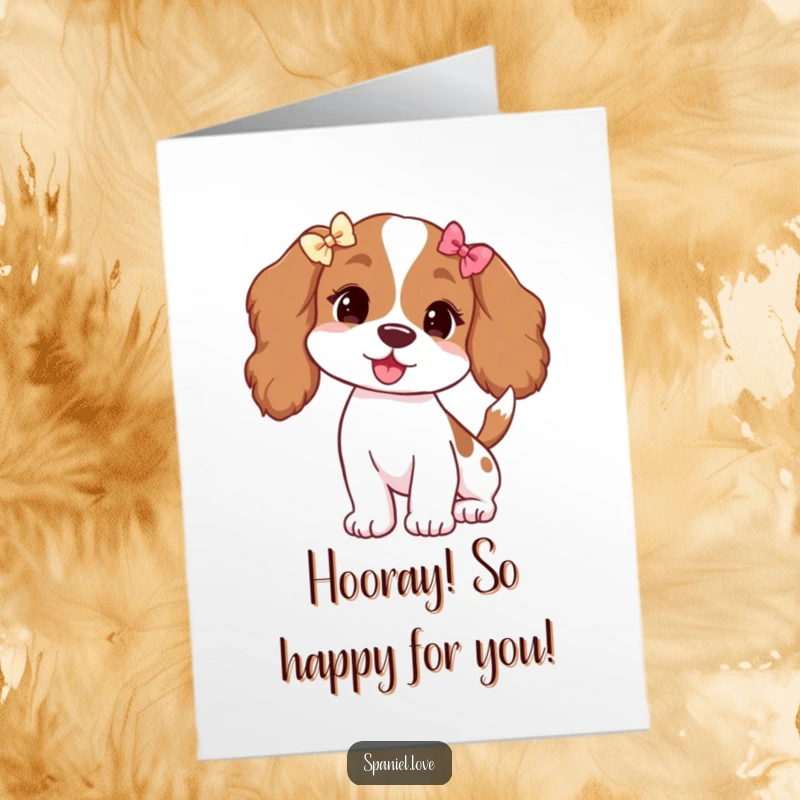 Funny Free Printable Congratulations Card: Spaniel with floppy ears and bows wags its tail vigorously celebrating an achievement.