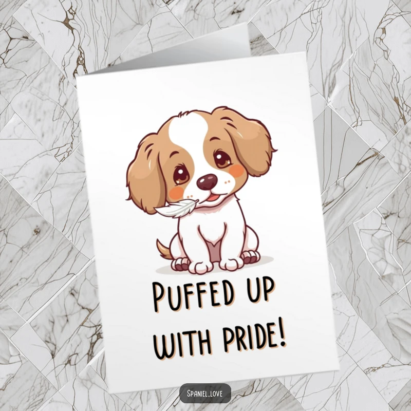 Funny Free Printable Congrats Card: A spaniel character blowing a fluffy seed with a delicate puff, conveying gentle joy, a unique download.