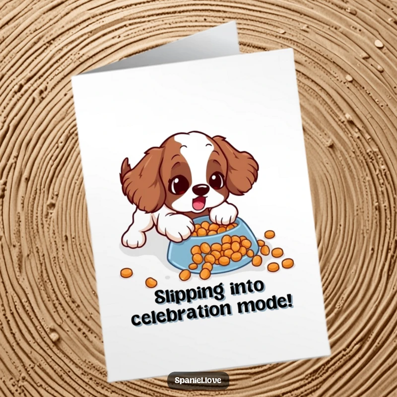 Free printable congratulations card featuring a spaniel comically sliding on spilled kibble, eyes wide with surprise.