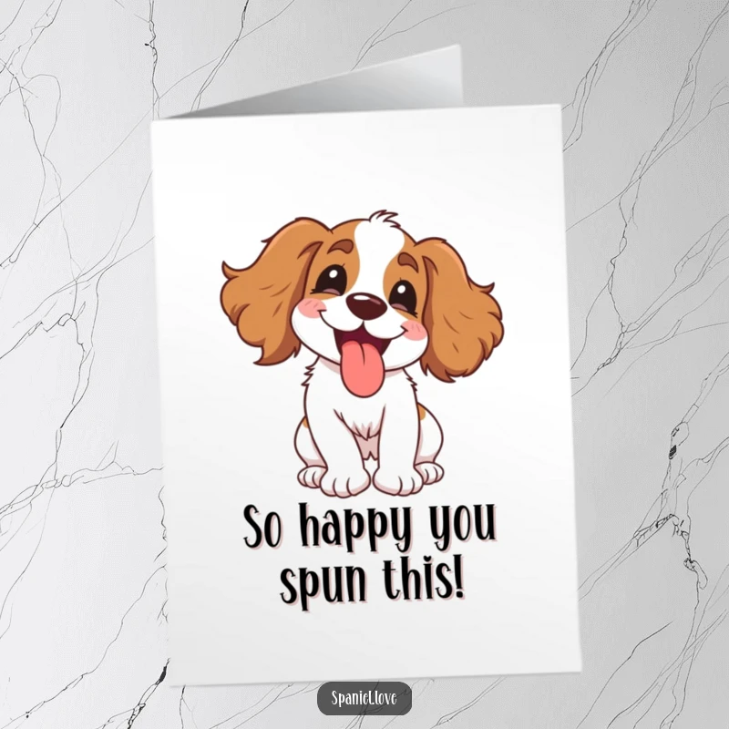 Funny Free Printable Congratulations Card: A gleeful spaniel in mid-spin, tongue out, radiating happiness and excitement.
