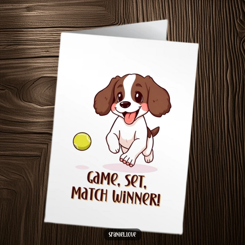 Funny Free Printable Congratulations Card: Spaniel pants happily, tongue out, chasing a bouncing tennis ball in celebration.
