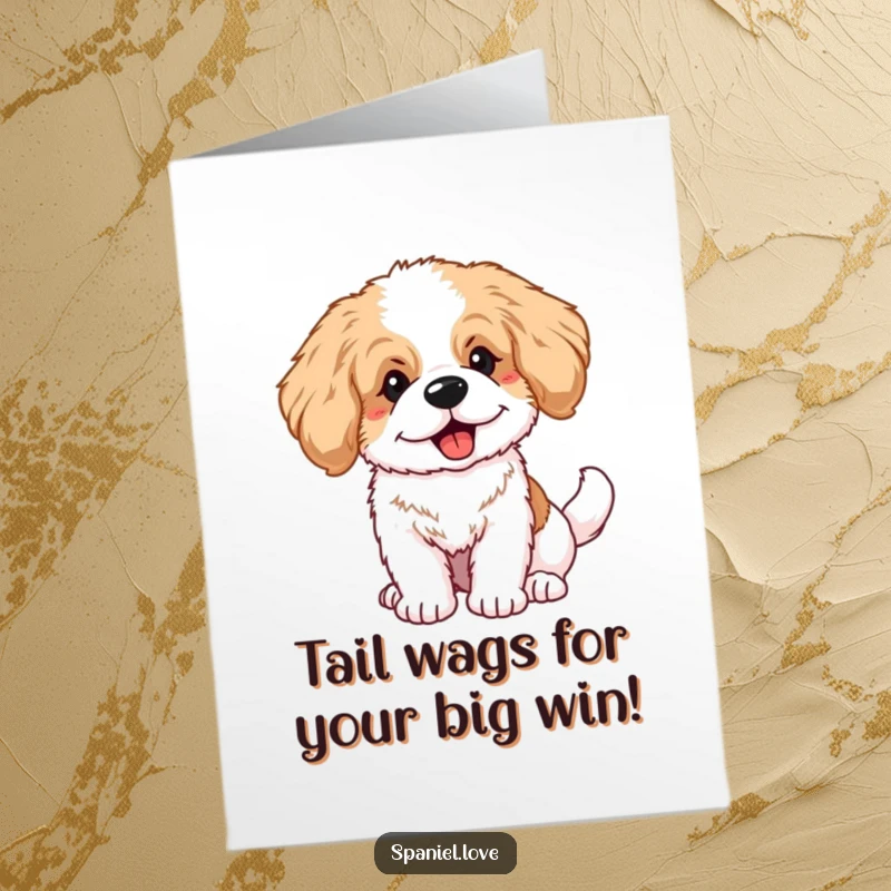 Funny Free Printable Congratulations Card: A happy spaniel puppy with big ears wagging its tail furiously in celebration.