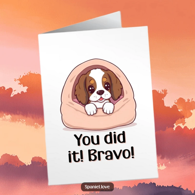 Funny free printable congratulations card featuring a spaniel peeking with excitement from behind a dog bed.