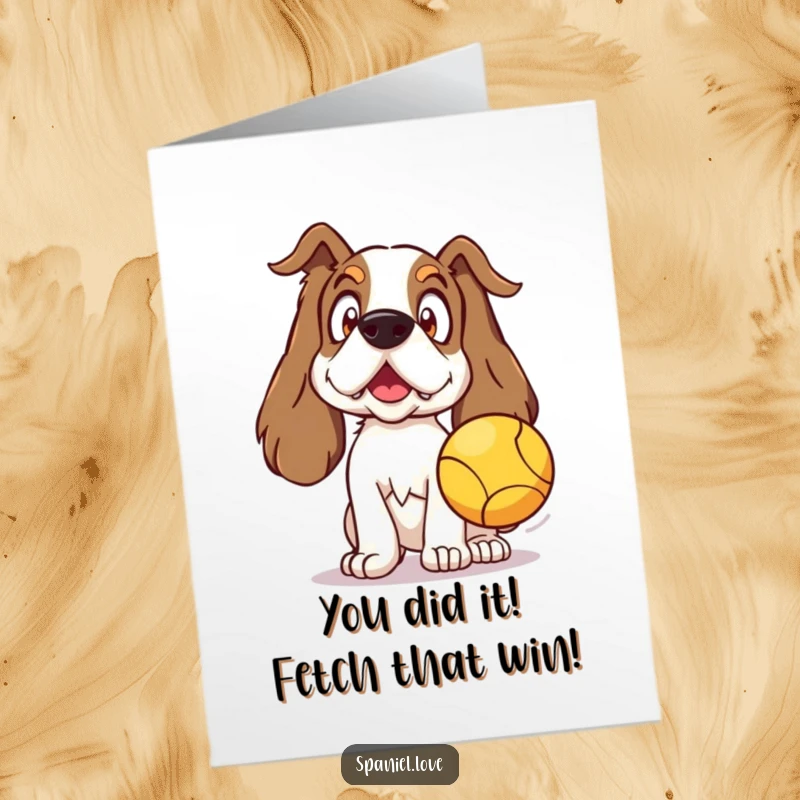 Funny free printable congratulations card: A spaniel with wide eyes and perked ears reacts with surprise to good news.