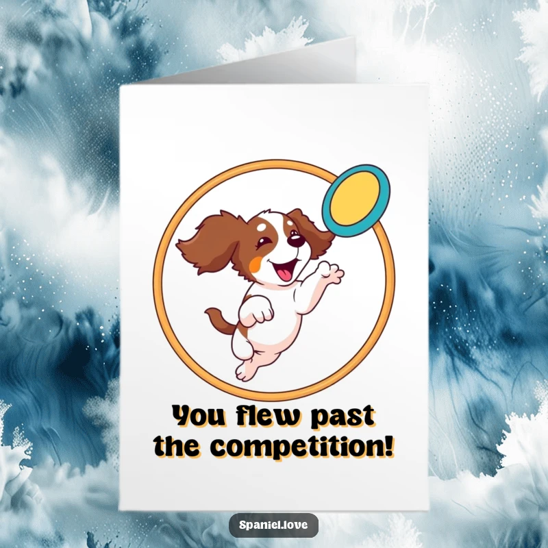 Funny Free Printable Congrats Card: Spaniel executing a dramatic leap through a hoop to catch a frisbee. Victory in motion!