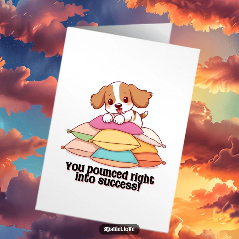 Funny free printable congratulations card: A spaniel with paws outstretched playfully dives into a pile of vibrant pillows.