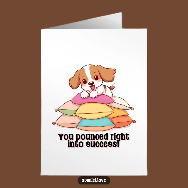 Free Printable Spaniel Congrats Card: Playful Pillow Pounce Downloadable Gift for Celebrations