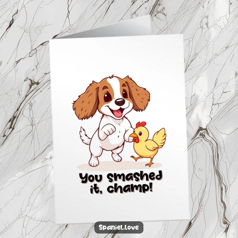 Funny Free Printable Congratulations Card: Spaniel pouncing playfully, ready to fetch a rubber chicken.