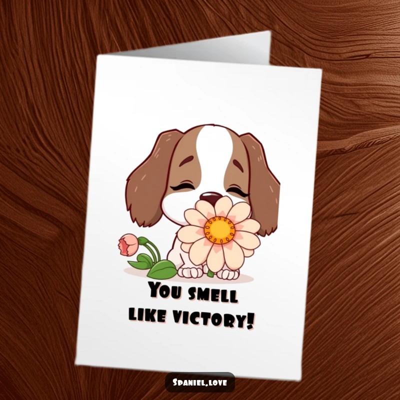Funny Free Printable Congratulations Card: Happy spaniel nose-deep in a massive flower, a sweet and funny downloadable art.