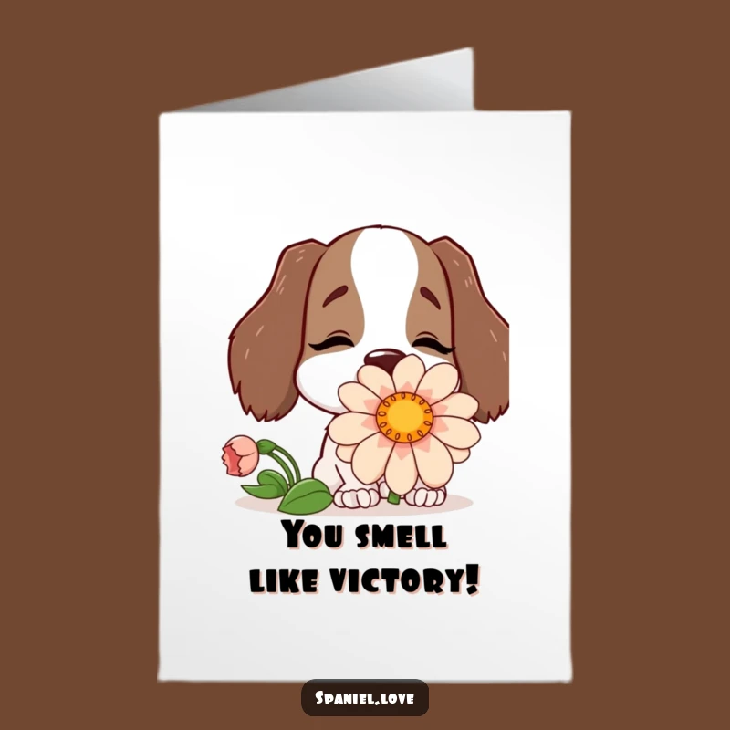 Free Printable Congrats Card: Spaniel & Big Flower - Funny Downloadable Art