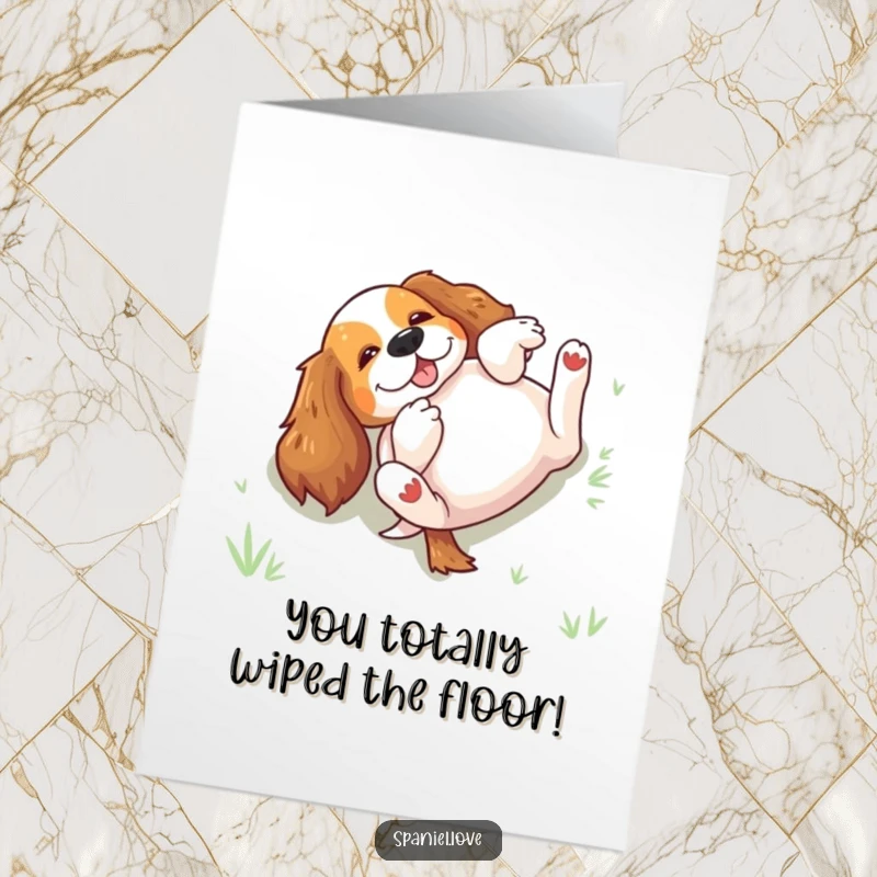 Funny Free Printable Congratulations Card: An excited spaniel rolls on its back in the grass.