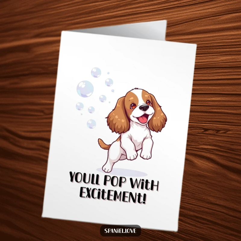 Funny Free Printable Congratulations Card: A spaniel gleefully plays with a stream of shimmering, colorful bubbles.