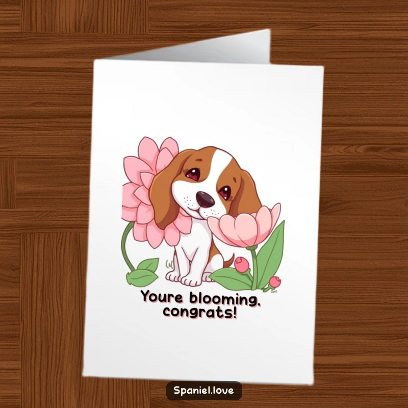 Funny Free Printable Congratulations Card: A spaniel tilts its head, curiously sniffing a giant, vibrant flower.