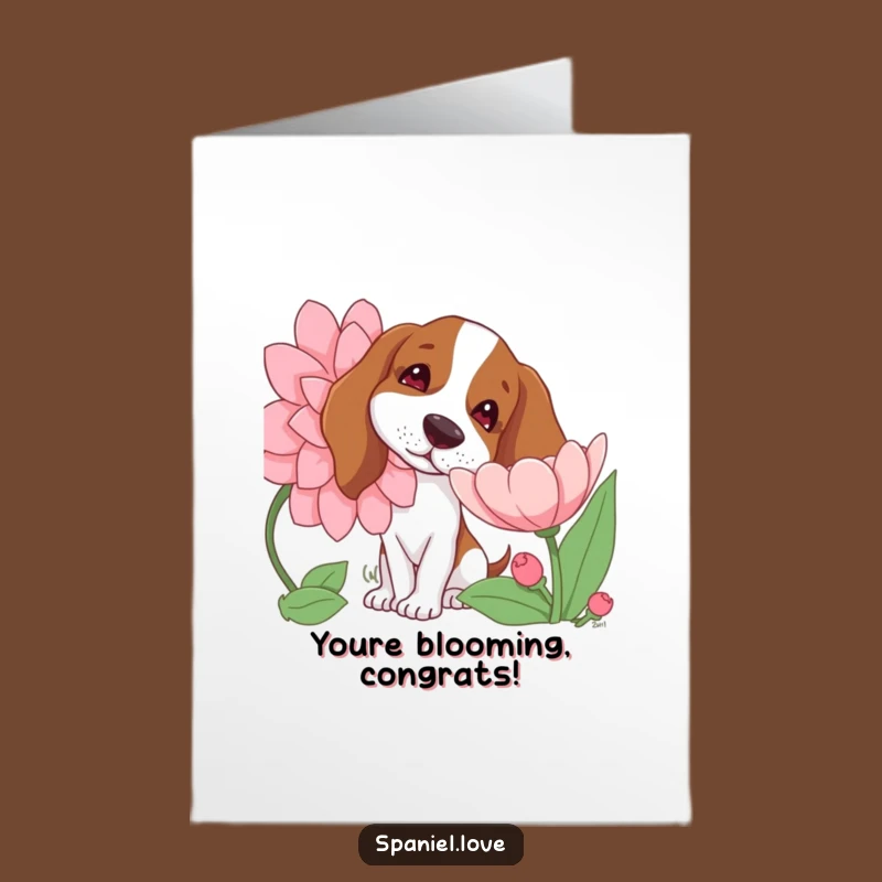 Free Printable Congrats Card: Spaniel Sniffing Flower, Charming Downloadable Gift for Success