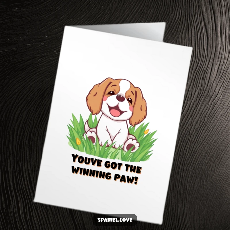 Funny Free Printable Congratulations Card: A spaniel sighing happily while rolling in grass. Joyful congratulations, downloadable art.