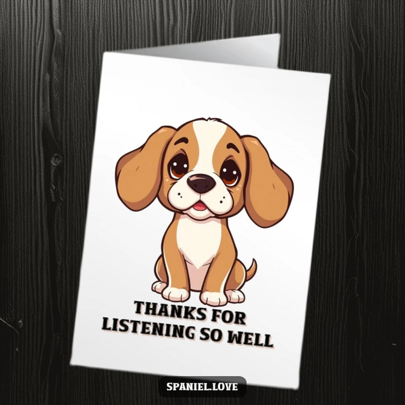 Free Printable Thank You Card: Spaniel character tilting its head, listening attentively, showing genuine thanks.