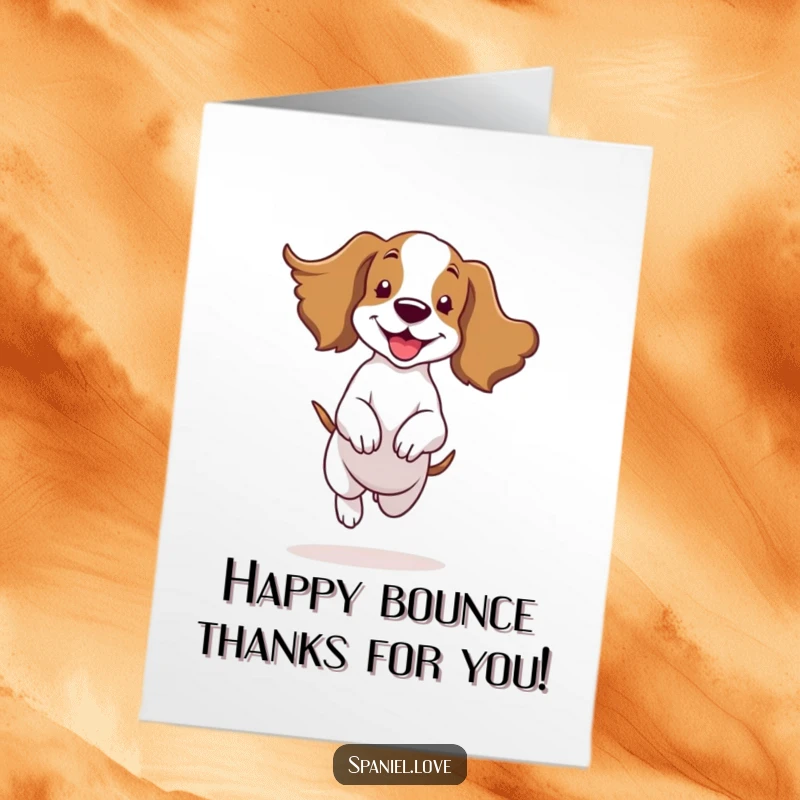 Funny Free Printable Thank You Card: A spaniel character happily bouncing, ears flapping, expressing thanks.
