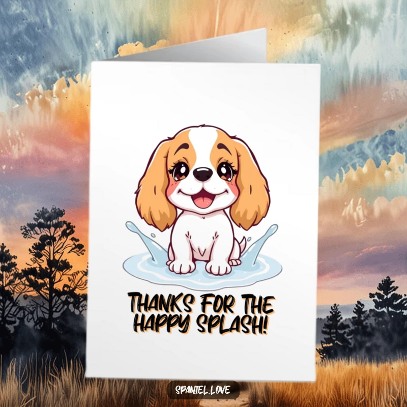 Funny Free Printable Thank You Card: Spaniel with twinkling eyes splashing merrily in a puddle of giggles.