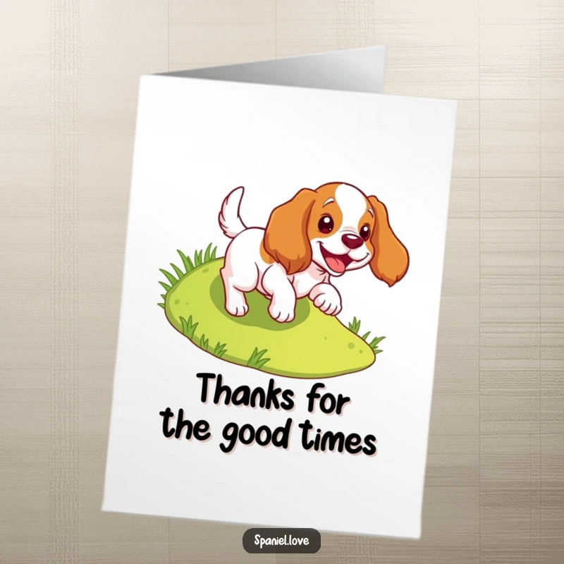 Funny Free Printable Thank You Card: Spaniel joyfully tumbles down a grassy slope, pure delight.