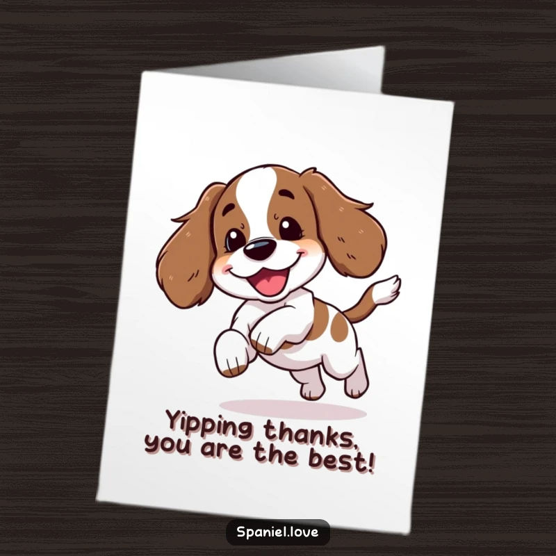 Funny Free Printable Thank You Card: A spaniel character hilariously chases its tail with a happy yip.