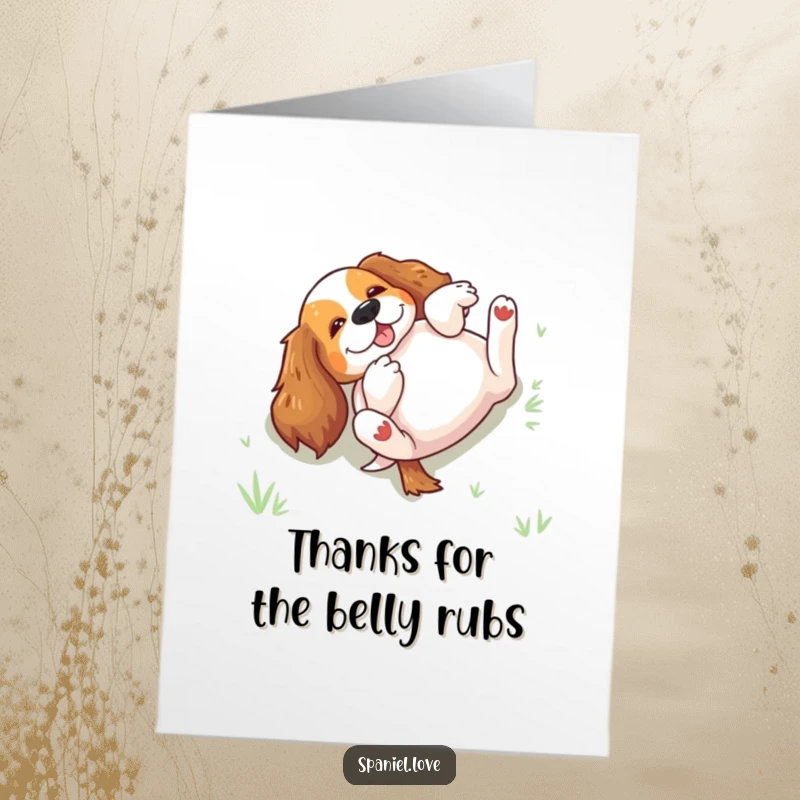Funny Free Printable Thank You Card: An excited spaniel rolls gleefully on its back in the grass.
