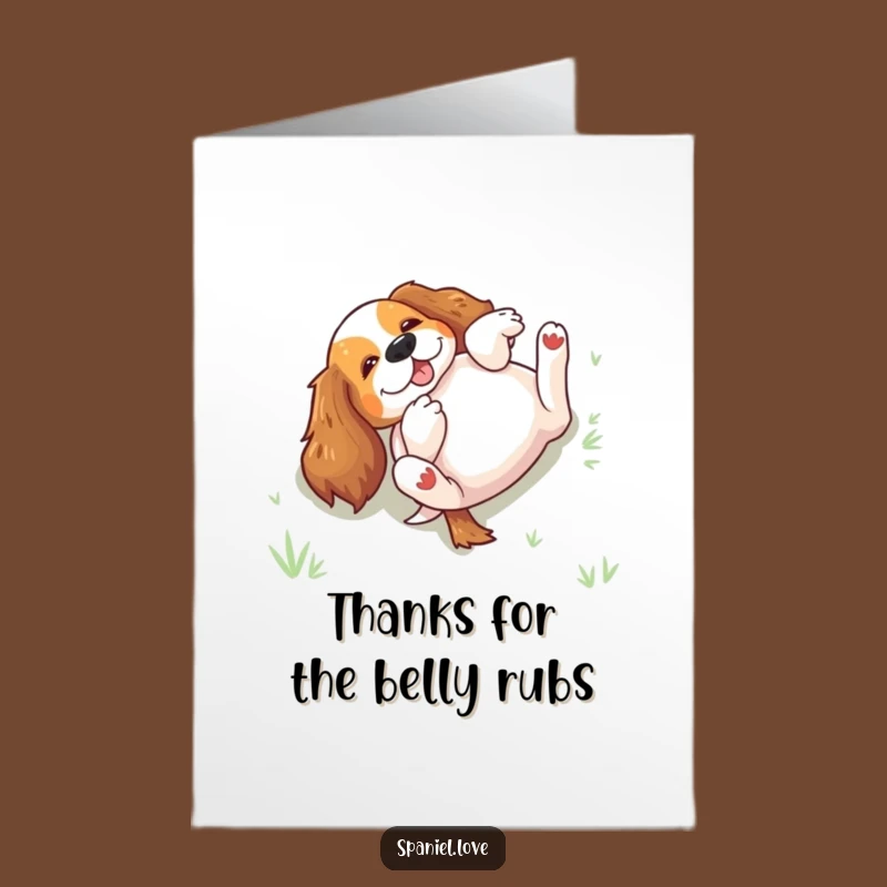 Free Printable Thank You Spaniel Card: Excited Rolling Doggy Gratitude