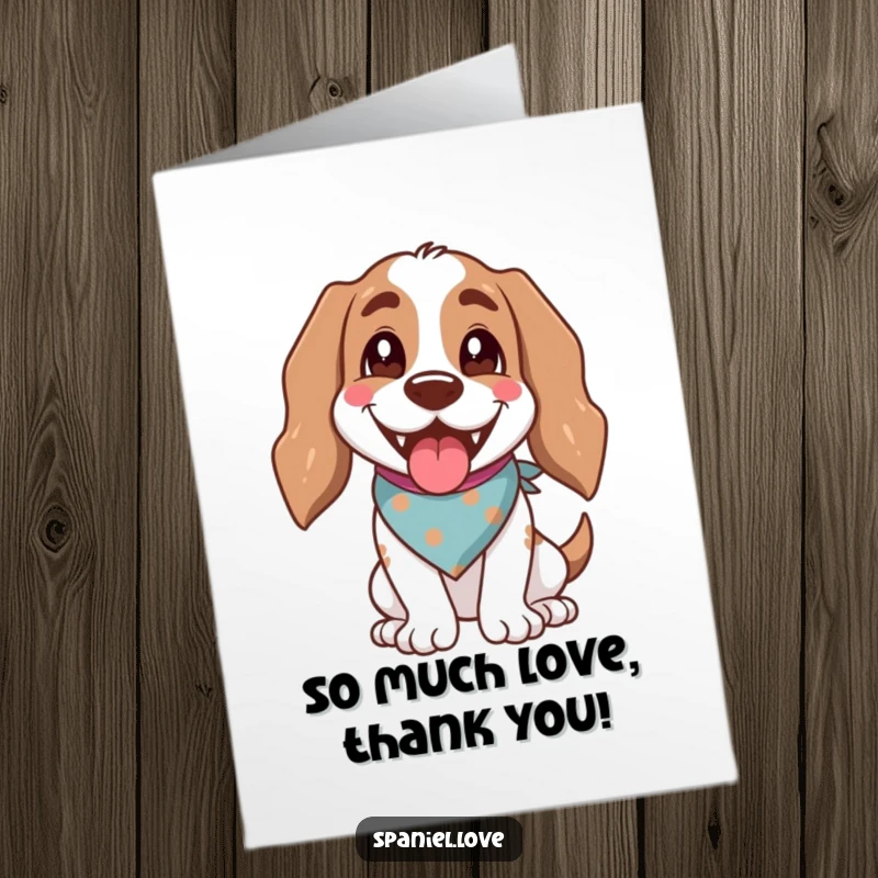 Funny free printable thank you card featuring a happy spaniel wearing a bandana, panting with its mouth wide open.