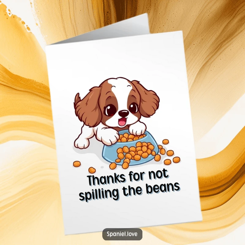 Funny free printable thank you card: a spaniel comically sliding on spilled kibble with a surprised expression.