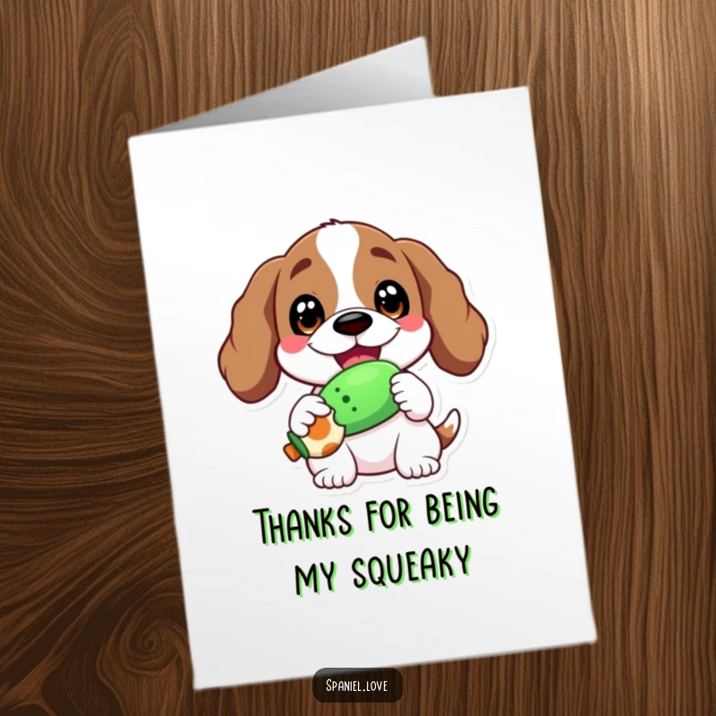 Funny Free Printable Thank You Card: A happy spaniel with a wide grin holds a squeaky toy, sending thanks warmly.