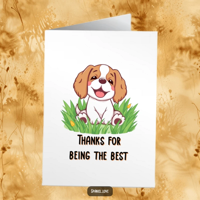 Funny Free Printable Thank You Card: A happy spaniel sighing contently as it rolls in grass. Grateful joy, downloadable art.