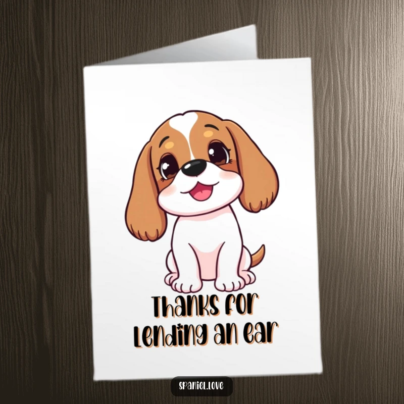 Funny Free Printable Thank You Card: A happy spaniel tilts its head, listening intently with gratitude.