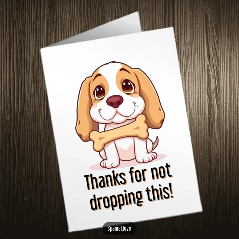 Funny Free Printable Thank You Card: Spaniel masterfully balances a bone on its nose, a feat of gratitude. Cute and witty.