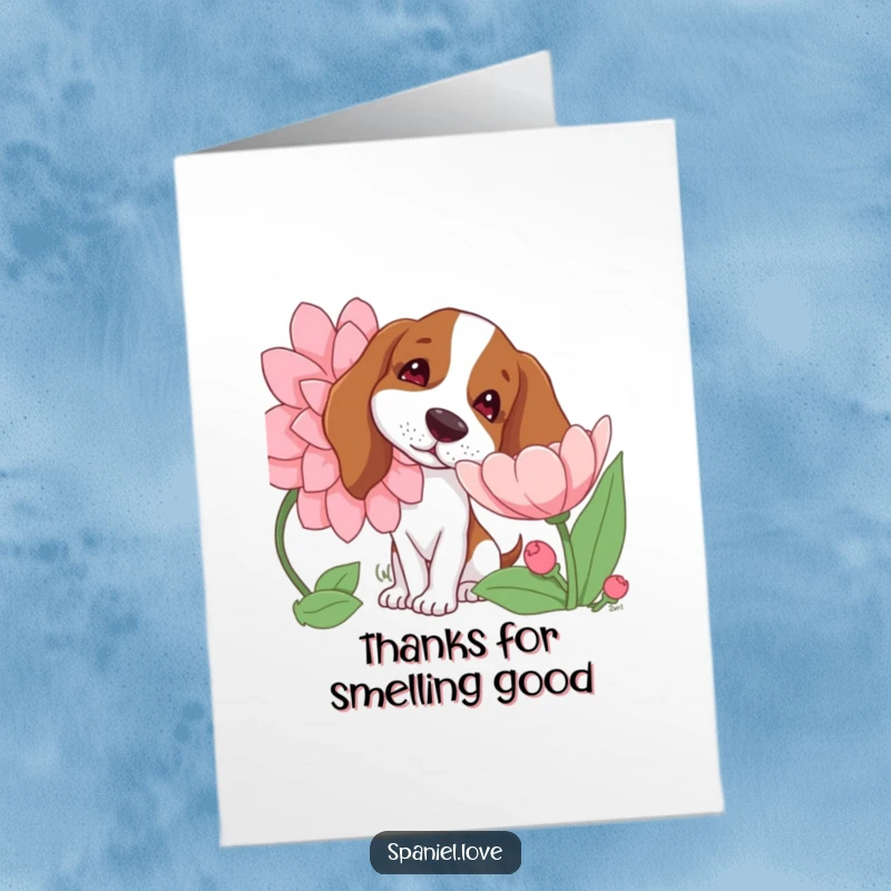 Funny Free Printable Thank You Card: A spaniel curiously sniffs a large flower, head tilted, expressing thanks.