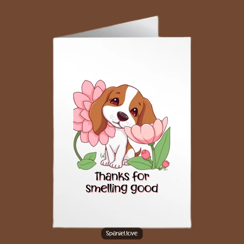 Free Printable Thank You Card: Spaniel Sniffing Flower, Adorable Downloadable Gift of Gratitude